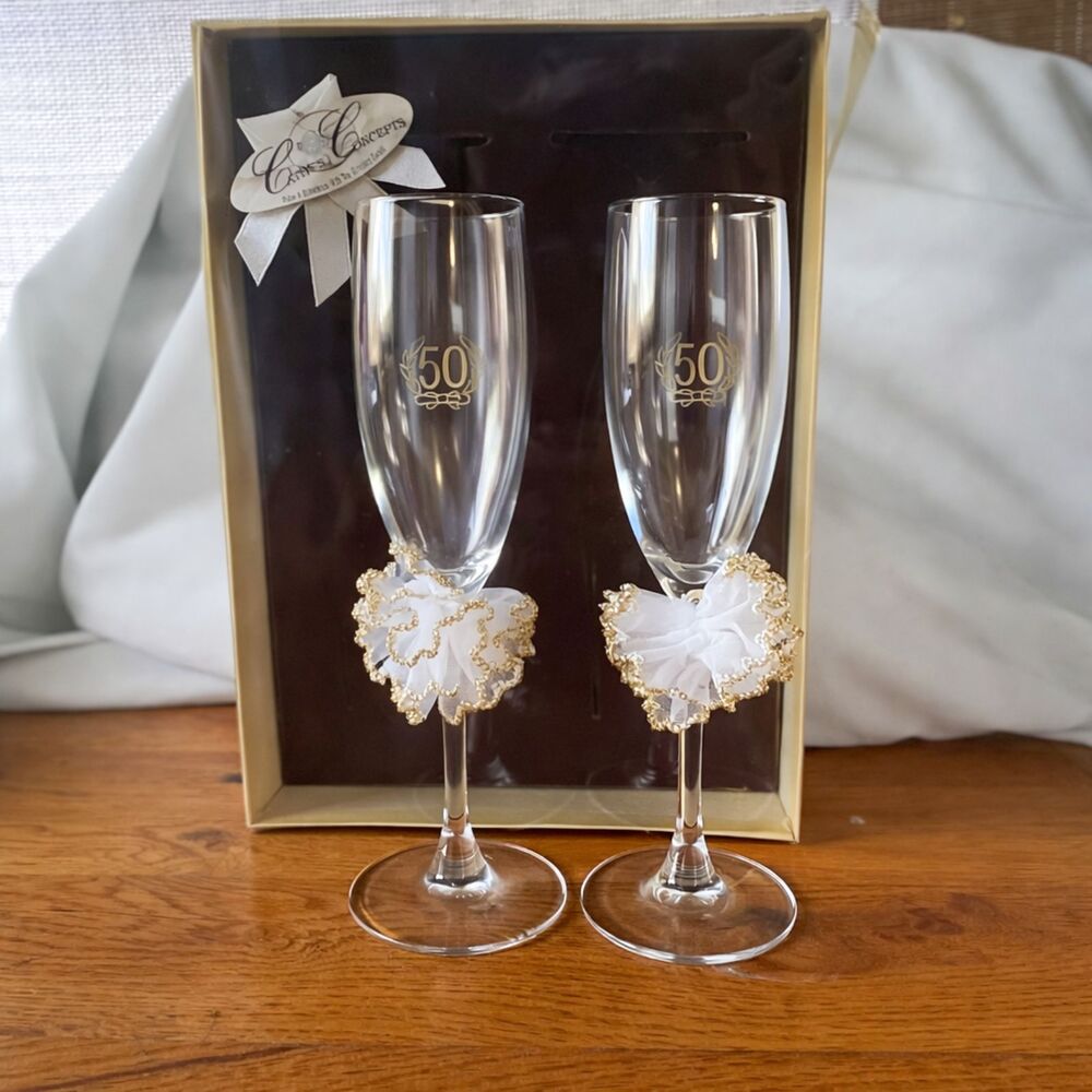 Cathy’s Concepts 1990s 50th Anniversary Champagne Flutes Silver Wedding Set VTG